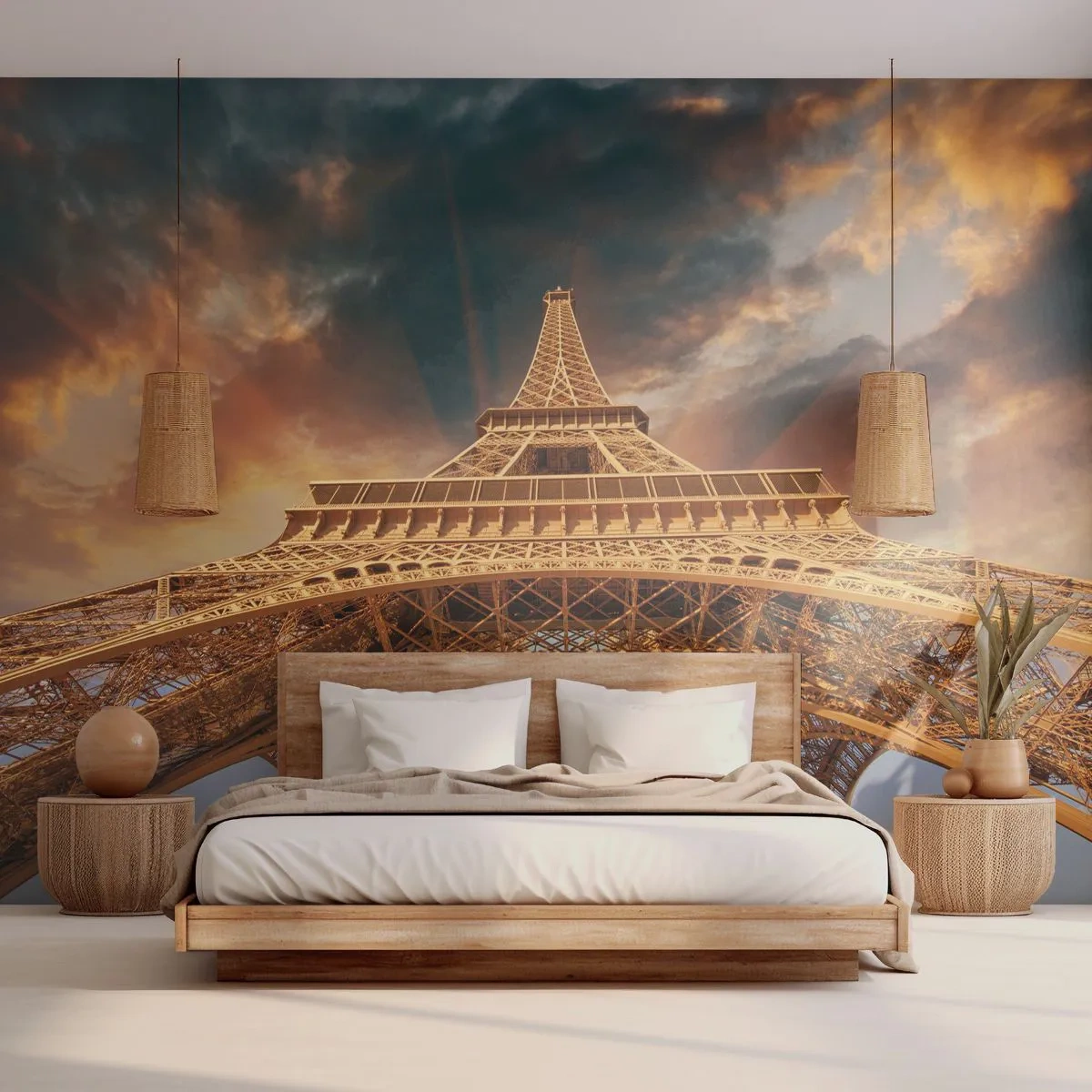 Fotomural Premium Sand - Mientras la humanidad alcanza el cielo - Torre Eiffel, Arquitectura, París - 100x70 cm