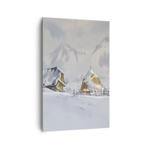 Cuadro sobre lienzo - Impresión de Imagen - Paisaje invernal con una cabaña y pajares en las montañas - 80x120cm - En un valle nevado - Decoración de pared moderna para salón y dormitorio ARTTOR