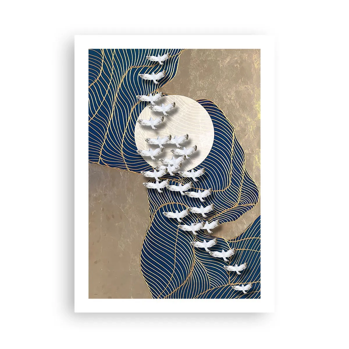 Póster - Composición abstracta con pájaros y la luna en tonos dorados. - 50x70cm - Libertad en bandada comunidad - Decoración de pared moderna para salón y dormitorio ARTTOR