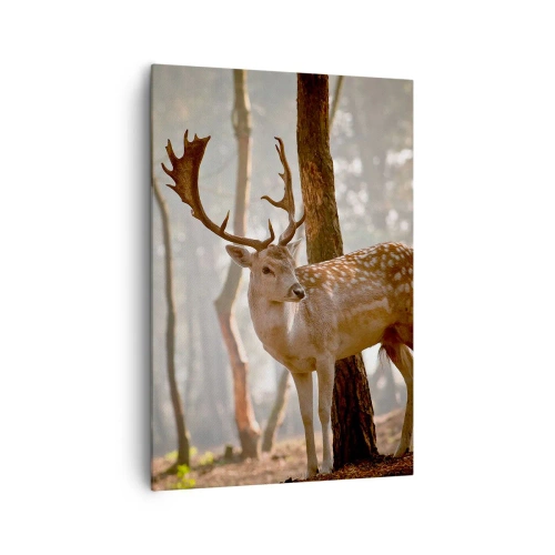Cuadro sobre lienzo - Impresión de Imagen - Ciervos en el bosque en la niebla de la mañana. - 70x100cm - La luz de la juventud - Decoración de pared moderna para salón y dormitorio ARTTOR