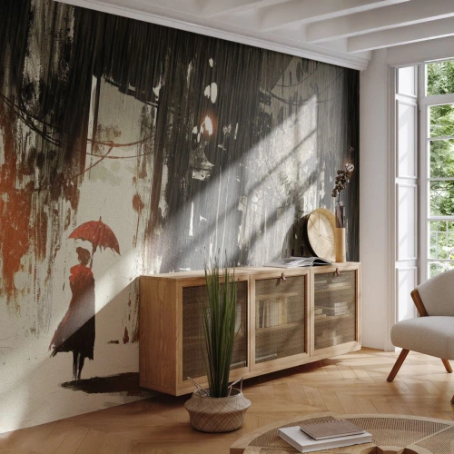 Fotomural Premium Sand - Mujer con un paraguas rojo en una ciudad lluviosa - 100x70cm - Poesía de un paraguas rojo - Decoración de pared moderna para salón y dormitorio ARTTOR