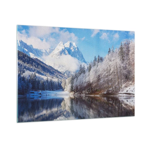 Cuadro sobre vidrio - Impresiones sobre Vidrio - Paisaje invernal con montañas y un lago congelado. - 100x70cm - Guardia de nieve - Decoración de pared moderna para salón y dormitorio ARTTOR