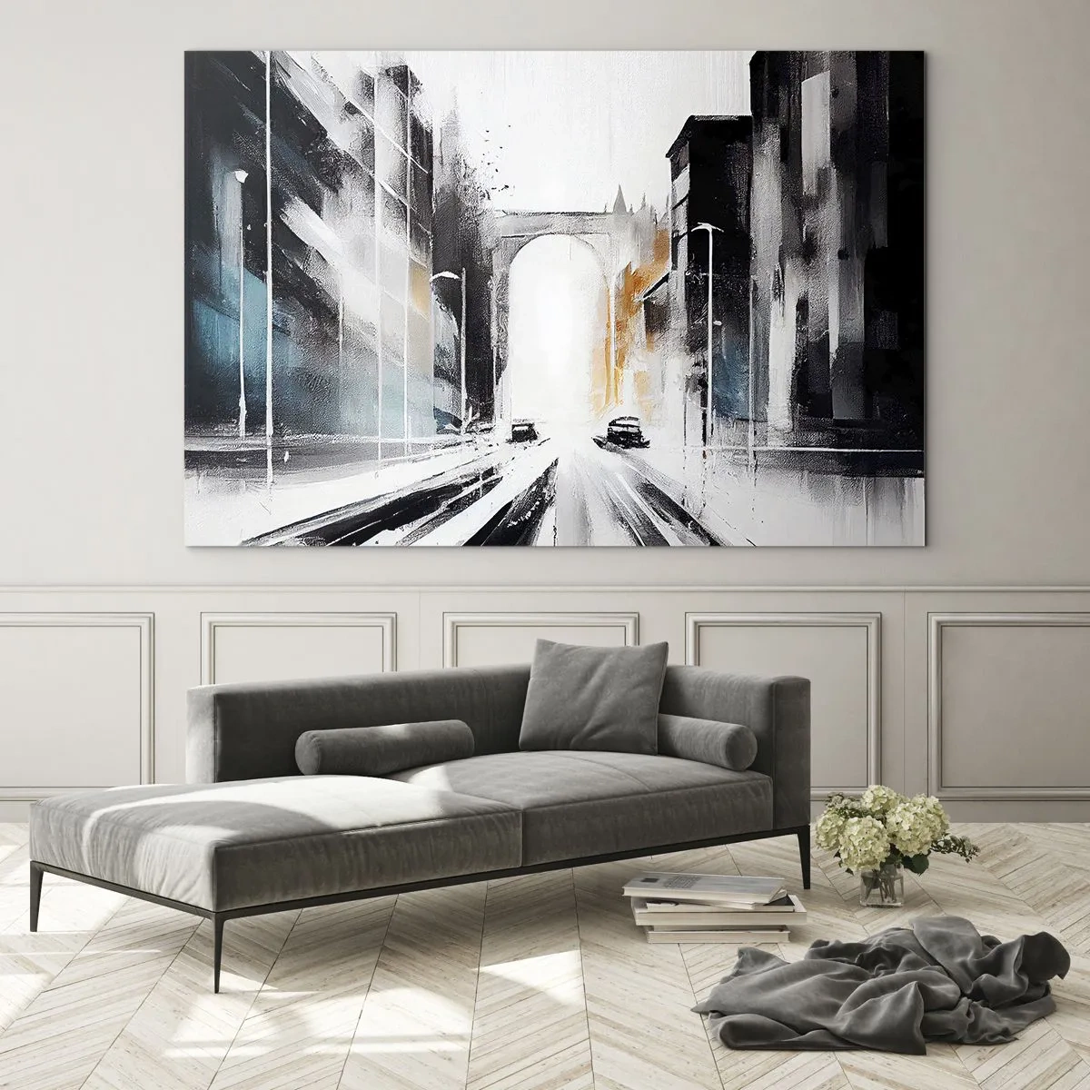 Cuadro sobre vidrio - Impresiones sobre Vidrio - Una calle urbana dinámica con coches y un arco al fondo en estilo pictórico. - 70x50cm - Estudio de la ciudad: arquitectura y movimiento - Decoración de pared moderna para salón y dormitorio ARTTOR