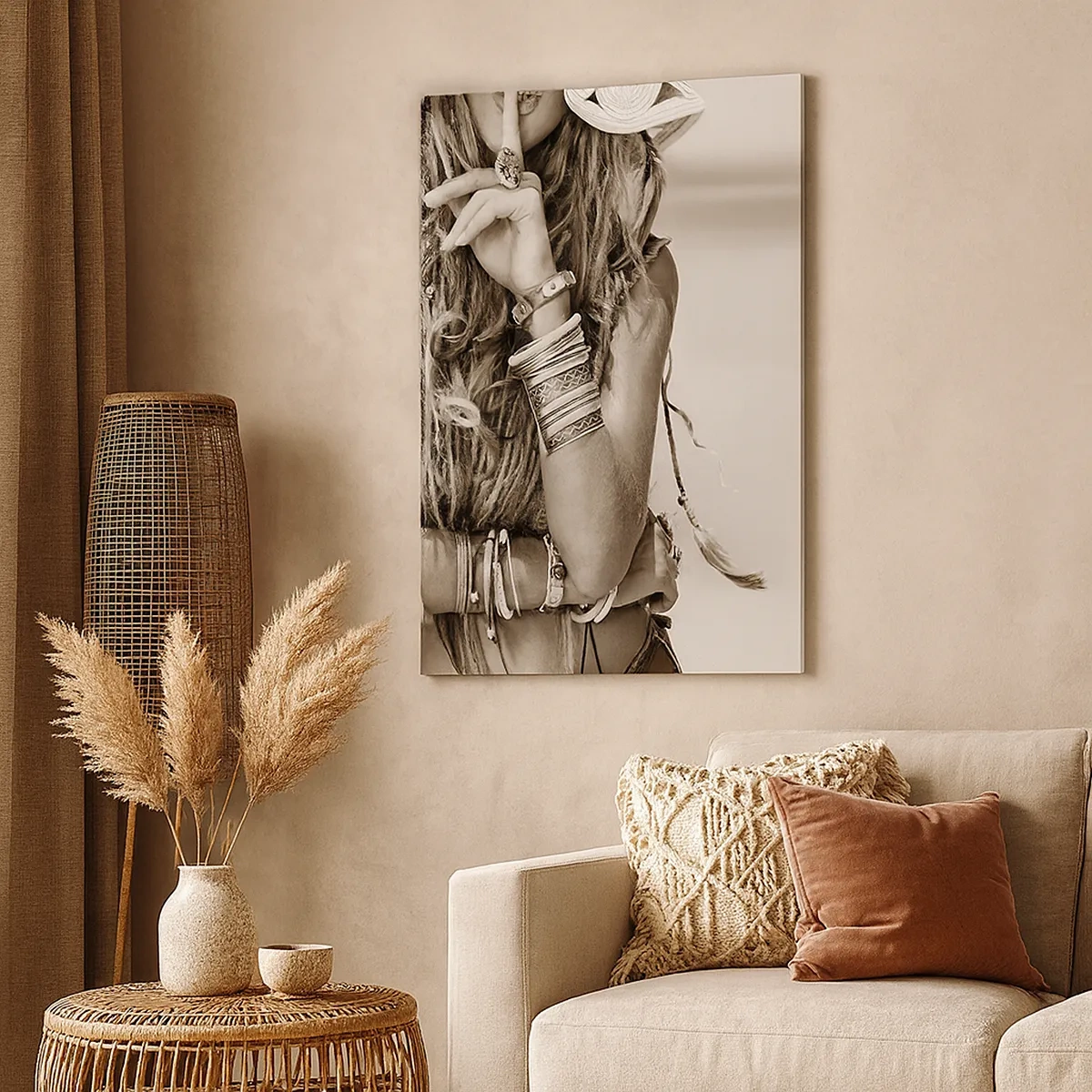 Cuadro sobre lienzo - Impresión de Imagen - Retrato de una mujer boho con joyas. - 50x70cm - Libertad natural - Decoración de pared moderna para salón y dormitorio ARTTOR