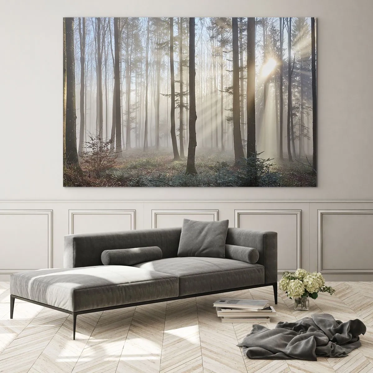 Cuadro sobre vidrio - Impresiones sobre Vidrio - Los rayos del sol de la mañana penetran en el bosque brumoso. - 100x70cm - La niebla también está despierta - Decoración de pared moderna para salón y dormitorio ARTTOR