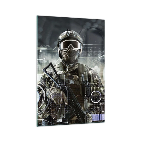 Cuadro sobre vidrio - Impresiones sobre Vidrio - Un soldado con un casco futurista y una pistola en un fondo de tecnología. - 70x100cm - De poder a poder - Decoración de pared moderna para salón y dormitorio ARTTOR