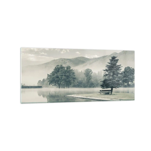Cuadro sobre vidrio - Impresiones sobre Vidrio - Un pintoresco lago con un banco y niebla al fondo. - 120x50cm - El lago sigue durmiendo - Decoración de pared moderna para salón y dormitorio ARTTOR