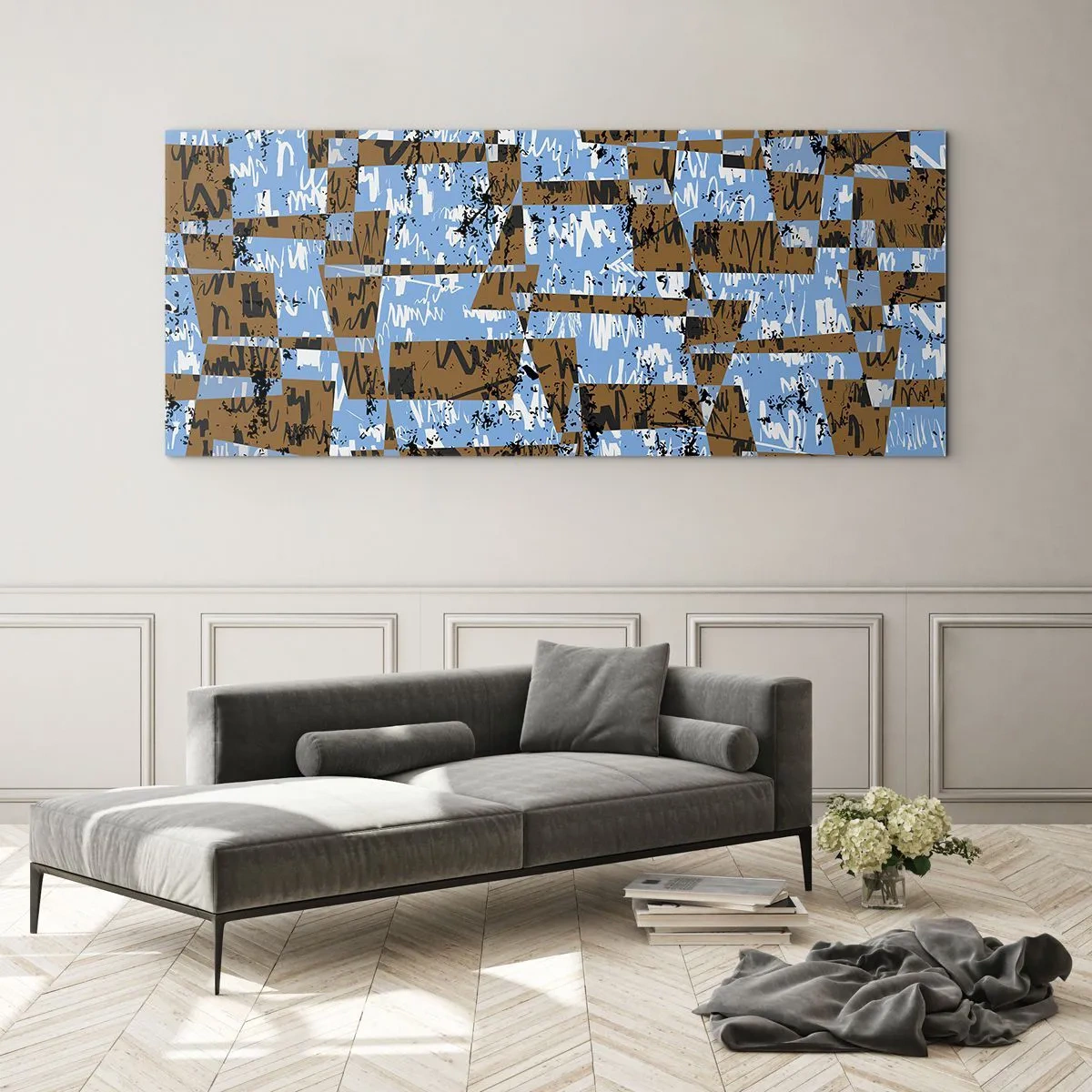 Cuadro sobre vidrio - Impresiones sobre Vidrio - Una composición abstracta de rectángulos en tonos marrones y azules. - 120x50cm - Un recorte del desierto - Decoración de pared moderna para salón y dormitorio ARTTOR