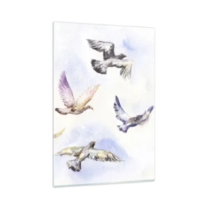 Cuadro sobre vidrio - Impresiones sobre Vidrio - Pájaros de acuarela en vuelo contra un cielo delicado. - 80x120cm - Libertad en gris y azul - Decoración de pared moderna para salón y dormitorio ARTTOR