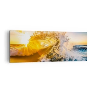Cuadro sobre lienzo - Impresión de Imagen - Una ola dorada con el sol poniente como telón de fondo. - 140x50cm - Jugando en la arena - Decoración de pared moderna para salón y dormitorio ARTTOR