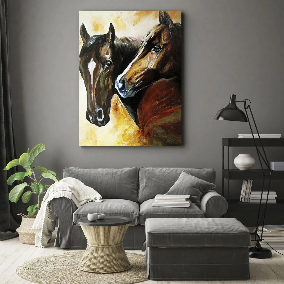 Cuadro sobre lienzo - Impresión de Imagen - Un par de caballos en una composición pictórica - 50x70cm - El doble de encanto - Decoración de pared moderna para salón y dormitorio ARTTOR
