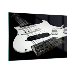 Cuadro sobre vidrio - Impresiones sobre Vidrio - Primer plano de una guitarra eléctrica blanca sobre un fondo oscuro - 100x70cm - Oculto en blanco está el sonido - Decoración de pared moderna para salón y dormitorio ARTTOR