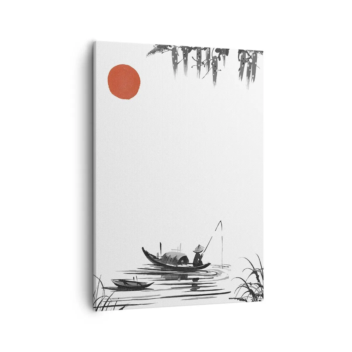 Cuadro sobre lienzo - Impresión de Imagen - Paisaje oriental con un pescador en un barco y un sol rojo. - 50x70cm - Una tarde asiática - Decoración de pared moderna para salón y dormitorio ARTTOR