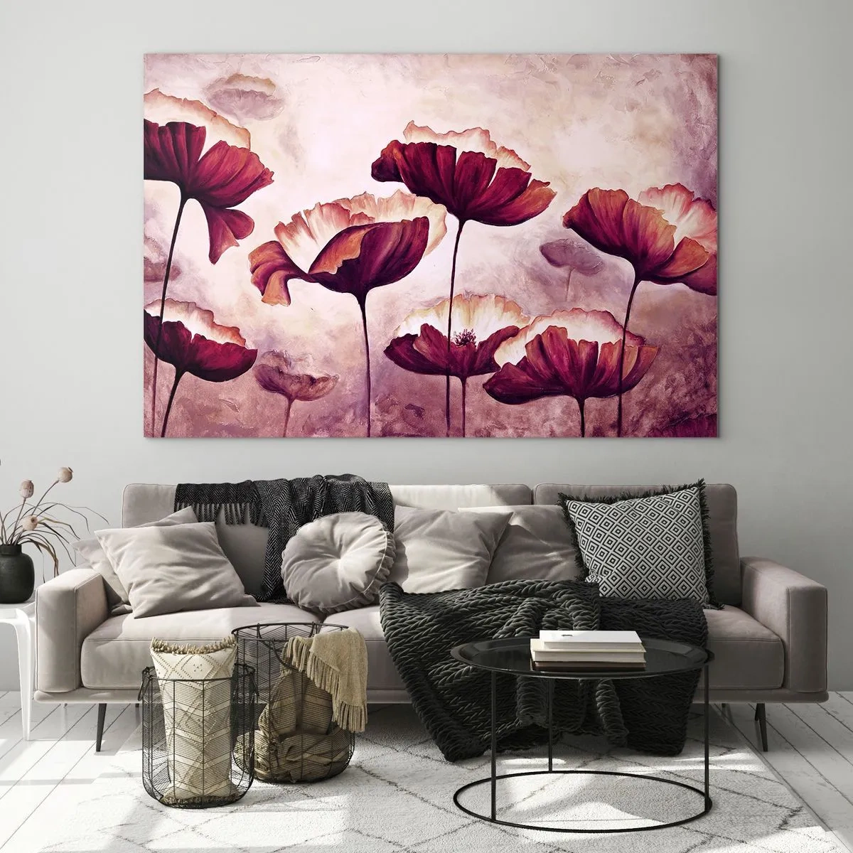 Cuadro sobre vidrio - Impresiones sobre Vidrio - Amapolas rojas y blancas contra un cielo brillante - 120x80cm - Pétalo rojo y blanco - Decoración de pared moderna para salón y dormitorio ARTTOR