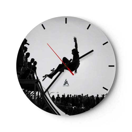 Reloj de pared - Reloj de vidrio - Motivo en blanco y negro de un patinador en una rampa entre una multitud de personas. - 30x30cm - Héroes y espectadores - Decoración de pared moderna para salón, cocina y dormitorio ARTTOR