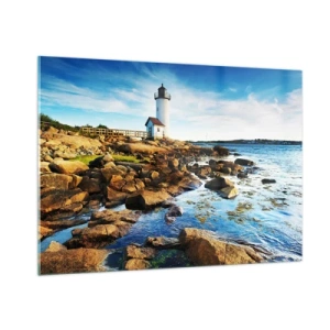 Cuadro sobre vidrio - Impresiones sobre Vidrio - Un faro en una costa rocosa en un día soleado. - 100x70cm - Esperando vuestro regreso - Decoración de pared moderna para salón y dormitorio ARTTOR
