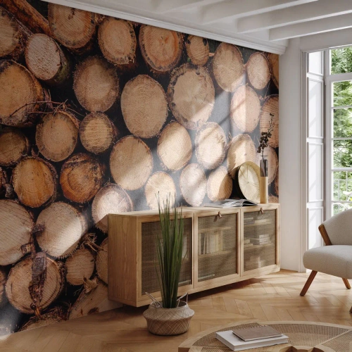Fotomural Premium Sand - Troncos de árboles dispuestos en sección transversal - 100x70cm - Un nuevo comienzo - Decoración de pared moderna para salón y dormitorio ARTTOR