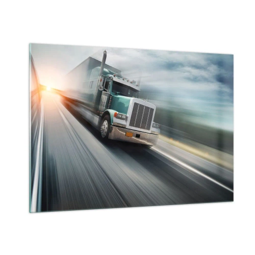 Cuadro sobre vidrio - Impresiones sobre Vidrio - Camión en la carretera al atardecer - 100x70cm - Un gigante norteamericano en apuros - Decoración de pared moderna para salón y dormitorio ARTTOR