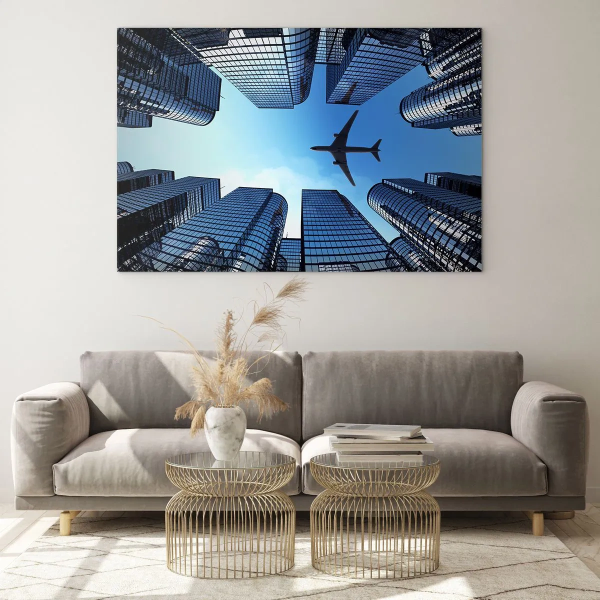 Cuadro sobre vidrio - Impresiones sobre Vidrio - Vista del avión entre rascacielos. - 120x80cm - La vista desde el abismo de cristal - Decoración de pared moderna para salón y dormitorio ARTTOR
