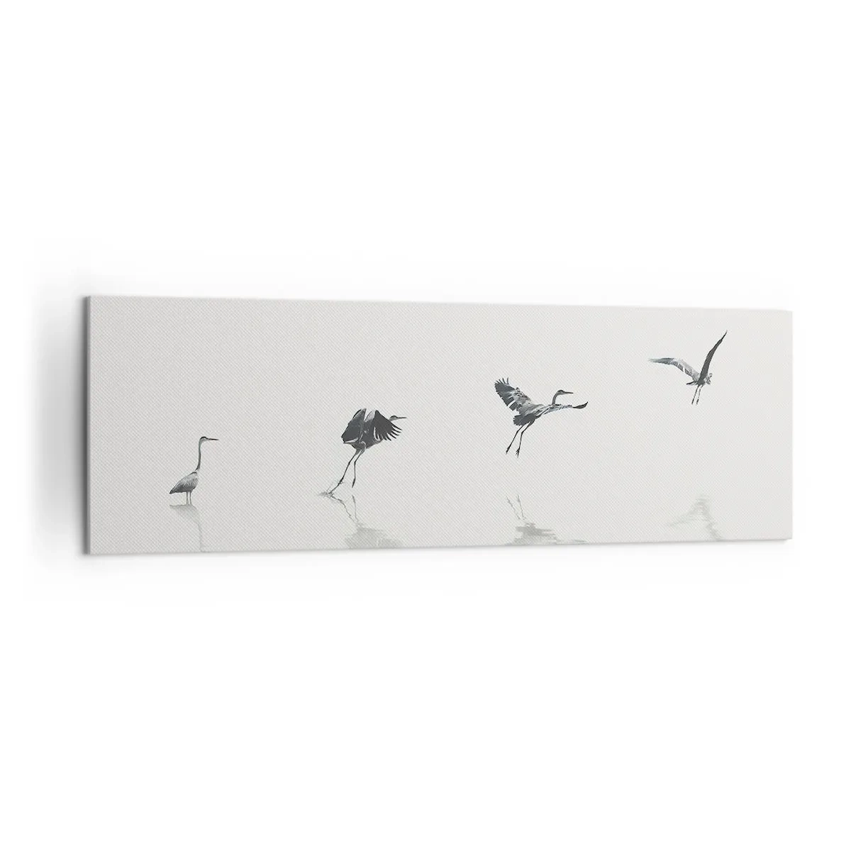 Cuadro sobre lienzo - Impresión de Imagen - Cuatro siluetas de aves reflejadas en el agua tranquila. - 160x50cm - Cuatro sencillos pasos para despegar - Decoración de pared moderna para salón y dormitorio ARTTOR