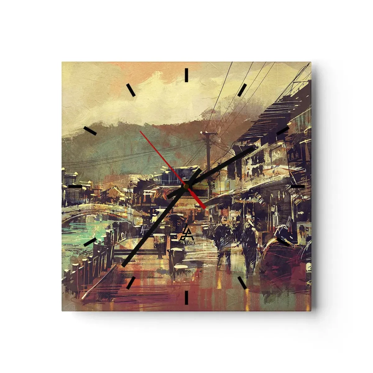Reloj de pared - Reloj de vidrio - Un pueblo con un puente y calles de estilo artístico. - 30x30cm - La vida como riqueza de grises - Decoración de pared moderna para salón y dormitorio ARTTOR