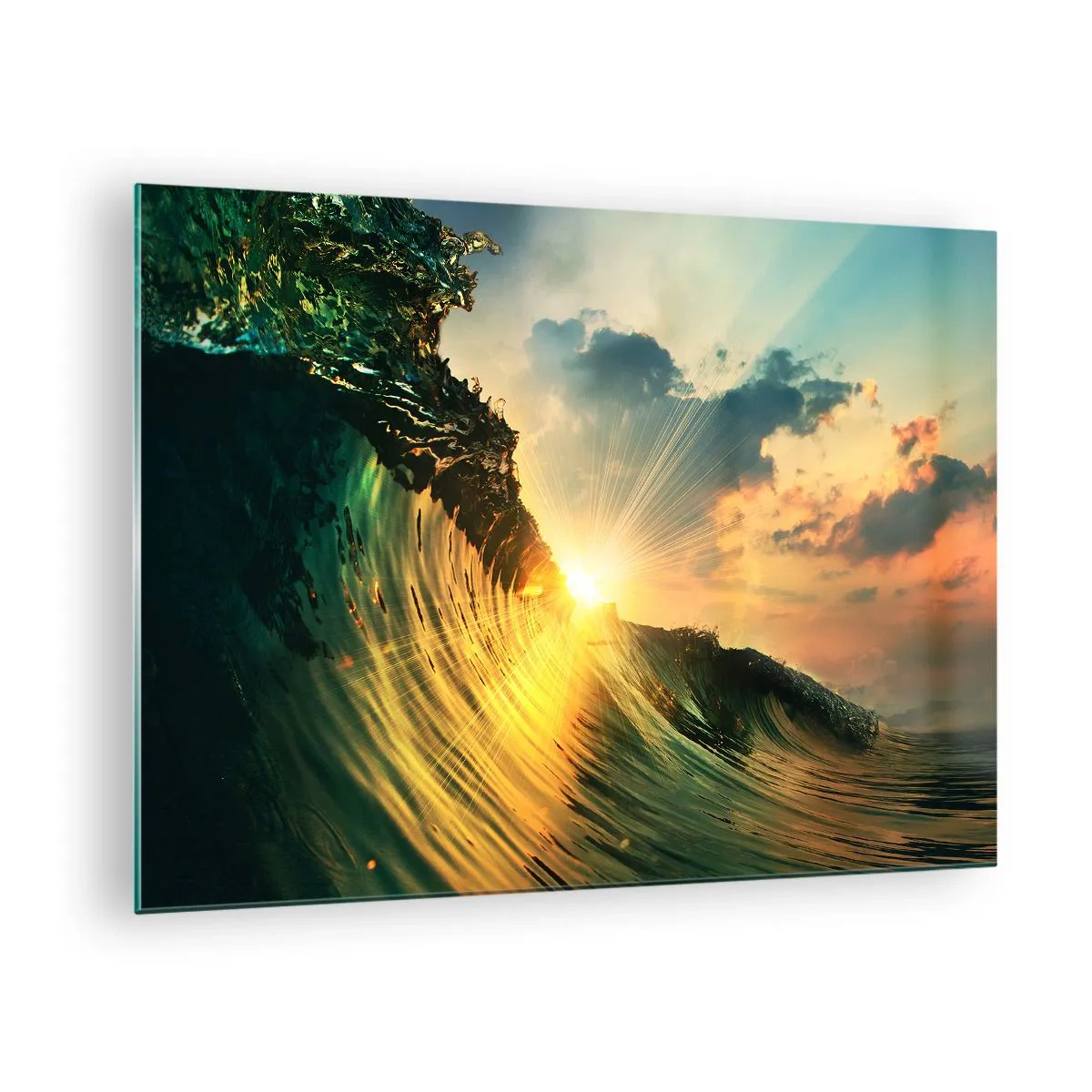 Cuadro sobre vidrio - Impresiones sobre Vidrio - El sol poniente iluminando las olas del océano. - 70x50cm - Surfer, ¿dónde estás? - Decoración de pared moderna para salón y dormitorio ARTTOR