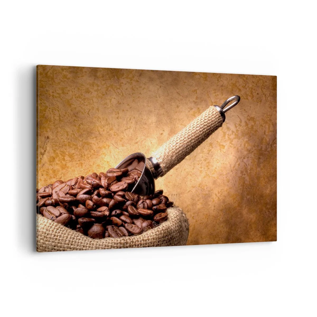 Cuadro sobre lienzo - Impresión de Imagen - Granos de café en una bolsa de yute con una cuchara de metal. - 120x80cm - En la fuente del sabor - Decoración de pared moderna para salón y dormitorio ARTTOR