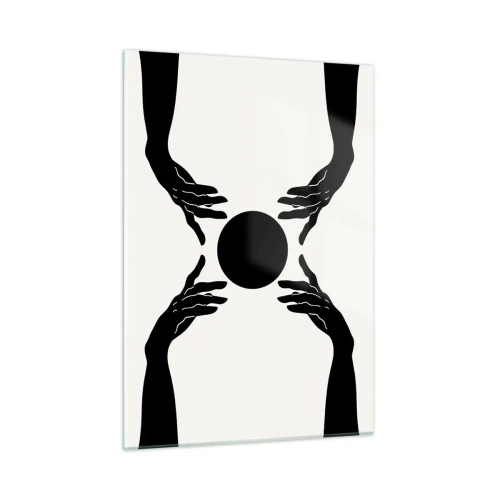 Cuadro sobre vidrio - Impresiones sobre Vidrio - Manos negras alrededor de un círculo negro sobre un fondo claro - 50x70cm - Una señal secreta - Decoración de pared moderna para salón y dormitorio ARTTOR
