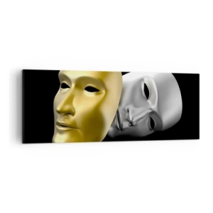 Cuadro sobre lienzo - Impresión de Imagen - Máscara de oro y plata sobre fondo negro. - 140x50cm - La vida es un teatro - Decoración de pared moderna para salón y dormitorio ARTTOR