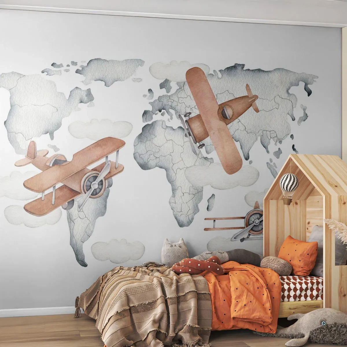 Fotomural Premium Sand - Mapa del mundo con aviones retro y nubes de fondo. - 100x70cm - Con espíritu pionero - Decoración de pared moderna para salón y dormitorio ARTTOR