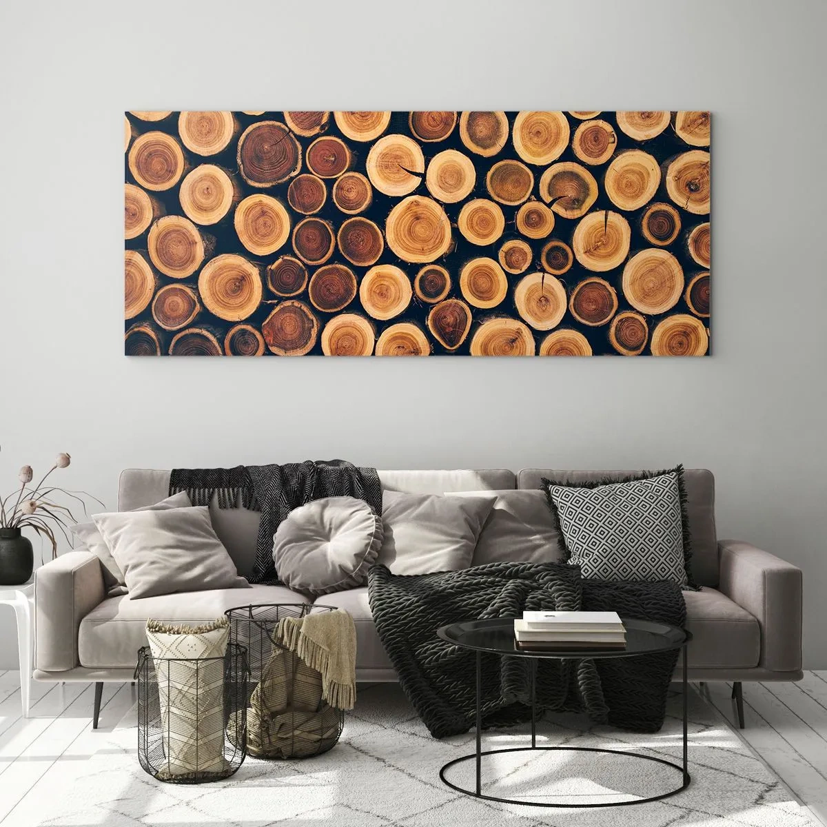Cuadro sobre vidrio - Impresiones sobre Vidrio - Patrón elaborado a partir de secciones transversales de troncos de madera. - 120x50cm - ¿Qué edad tengo? - Decoración de pared moderna para salón y dormitorio ARTTOR