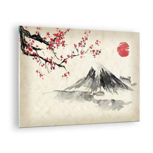 Cuadro sobre vidrio - Impresiones sobre Vidrio - Pintura de acuarela japonesa de una montaña y una rama floreciente. - 70x50cm - Enamórate de Japón - Decoración de pared moderna para salón y dormitorio ARTTOR