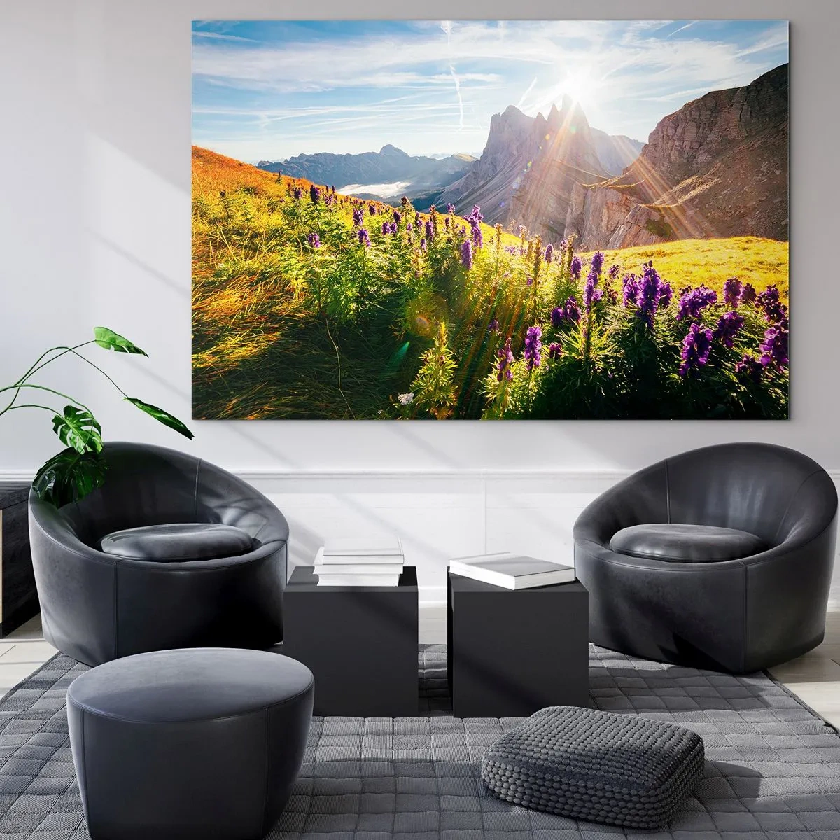 Cuadro sobre vidrio - Impresiones sobre Vidrio - Un prado de montaña lleno de flores con un telón de fondo de picos rocosos al amanecer. - 100x70cm - La vida secreta de las hierbas - Decoración de pared moderna para salón y dormitorio ARTTOR