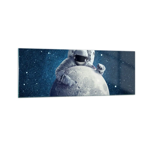 Cuadro sobre vidrio - Impresiones sobre Vidrio - Astronauta sosteniendo la luna contra un cielo estrellado - 140x50cm - Bromista espacial - Decoración de pared moderna para salón y dormitorio ARTTOR