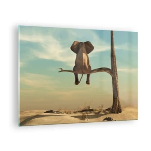 Cuadro sobre vidrio - Impresiones sobre Vidrio - Un elefante en la rama de un árbol en un entorno surrealista. - 70x50cm - Un nuevo punto de vista - Decoración de pared moderna para salón y dormitorio ARTTOR