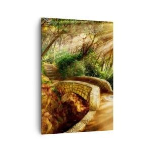 Cuadro sobre lienzo - Impresión de Imagen - Paisaje forestal con rayos de sol y un puente de piedra. - 70x100cm - Directamente desde el puente hacia el bosque de las hadas - Decoración de pared moderna para salón y dormitorio ARTTOR
