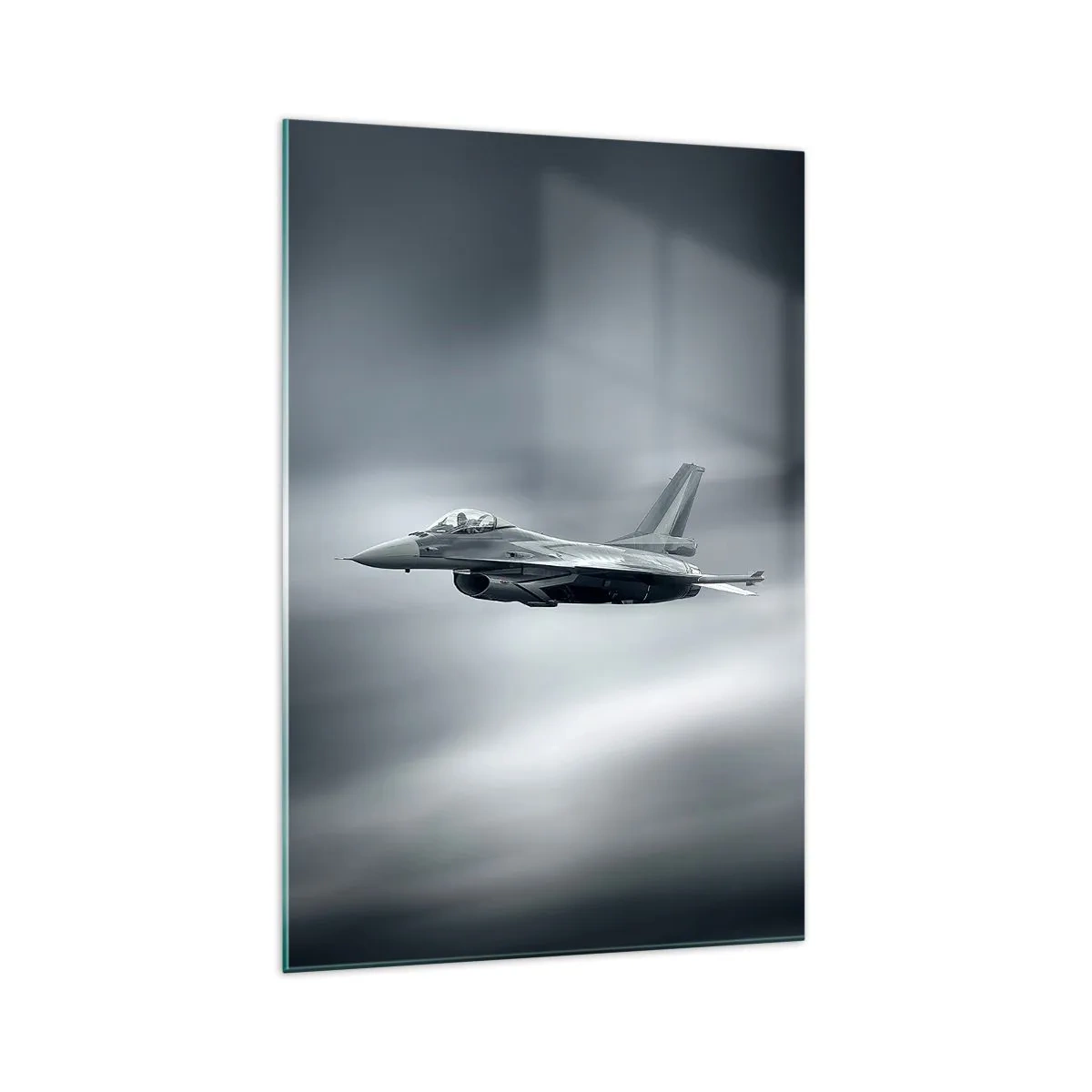 Cuadro sobre vidrio - Impresiones sobre Vidrio - Un avión de combate en vuelo contra un cielo nublado. - 70x100cm - ¿Quieres un reto? - Decoración de pared moderna para salón y dormitorio ARTTOR