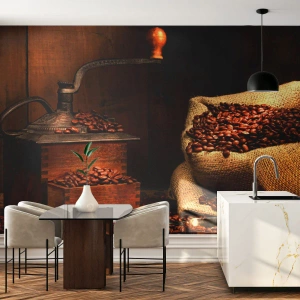 Fotomural personalizado Premium Sand - Bodegón con granos de café y molinillo - Gastronomía, Café, molinillo de cafe