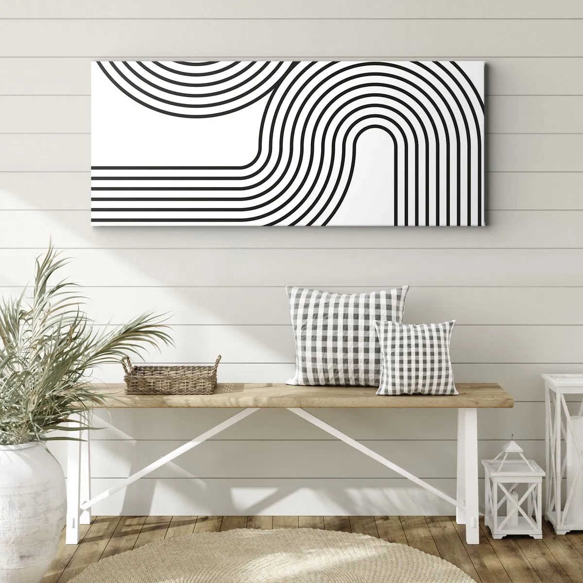 Cuadro sobre lienzo - Impresión de Imagen - Una pintura abstracta con líneas negras que crean patrones geométricos sobre un fondo blanco. - 160x50cm - En una curva - Decoración de pared moderna para salón y dormitorio ARTTOR