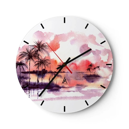 Reloj de pared - Reloj de vidrio - Paisaje de acuarela con palmeras al atardecer - 30x30cm - La calma de los trópicos en rojo - Decoración de pared moderna para salón, cocina y dormitorio ARTTOR