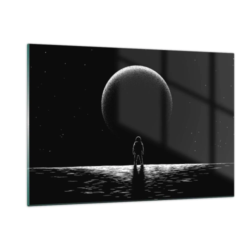 Cuadro sobre vidrio - Impresiones sobre Vidrio - Astronauta de pie frente a un planeta en blanco y negro. - 120x80cm - Cara a cara - Decoración de pared moderna para salón y dormitorio ARTTOR