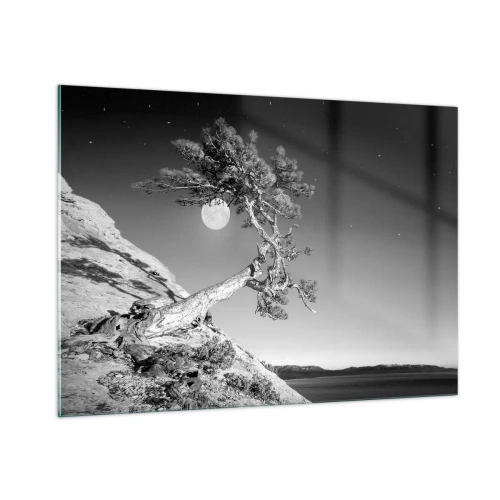 Cuadro sobre vidrio - Impresiones sobre Vidrio - Un árbol inclinado en una ladera con la luna al fondo. - 100x70cm - Un guerrero victorioso - Decoración de pared moderna para salón y dormitorio ARTTOR