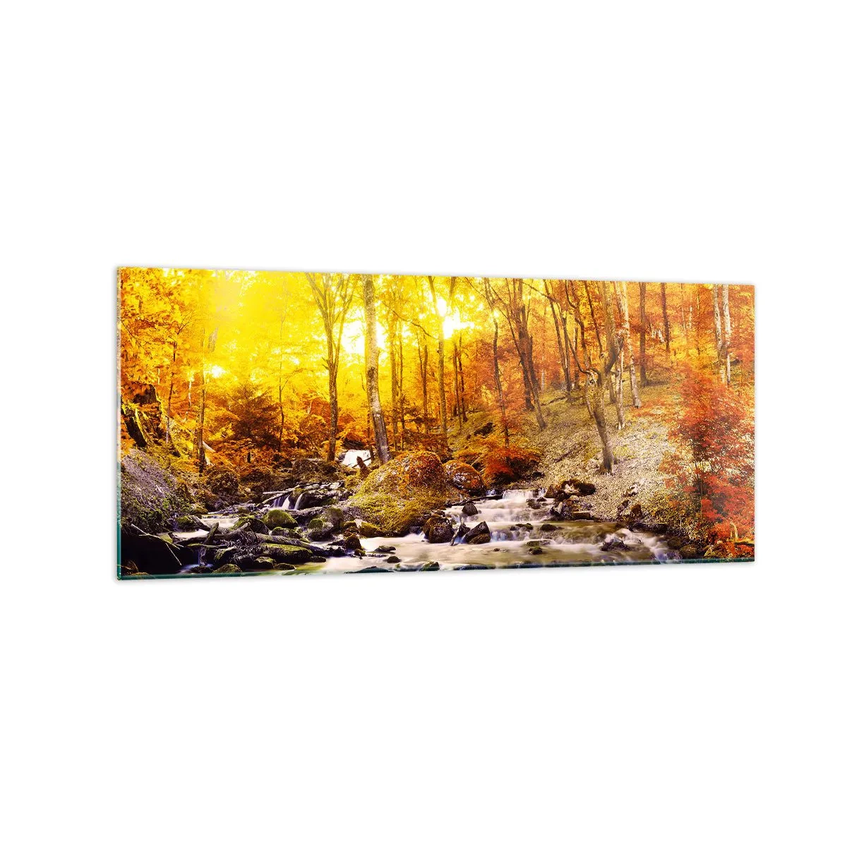 Cuadro sobre vidrio - Impresiones sobre Vidrio - Bosque otoñal con un arroyo entre hojas doradas - 120x50cm - Piedras bañadas en oro y platino - Decoración de pared moderna para salón y dormitorio ARTTOR