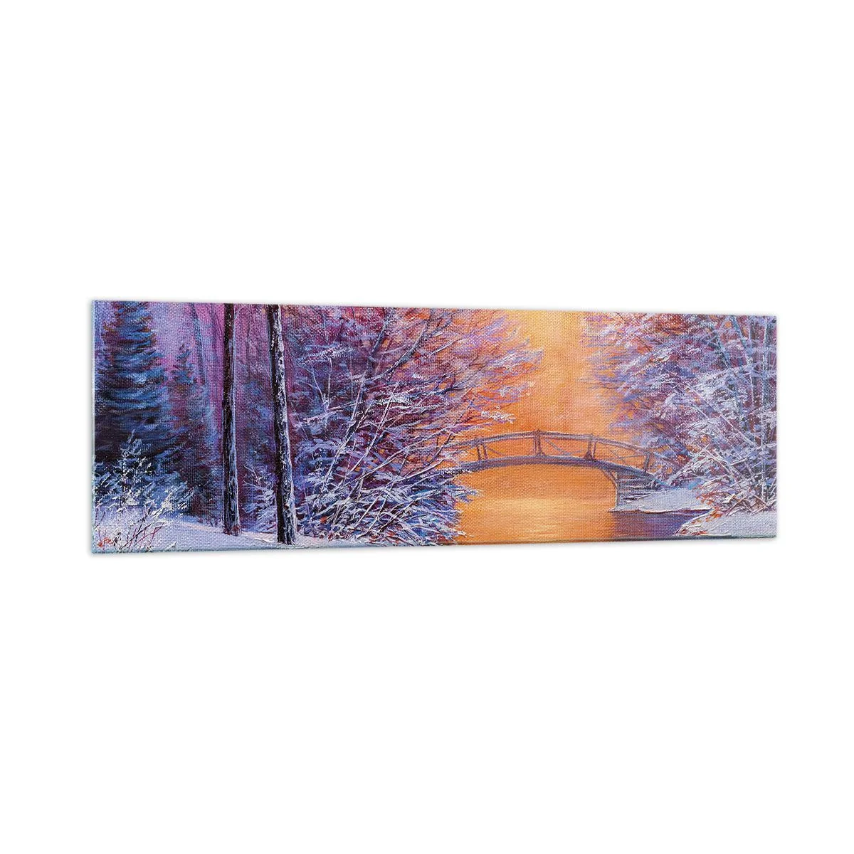 Cuadro sobre vidrio - Impresiones sobre Vidrio - Paisaje invernal con puente y puesta de sol - 160x50cm - Reunámonos aquí - Decoración de pared moderna para salón y dormitorio ARTTOR
