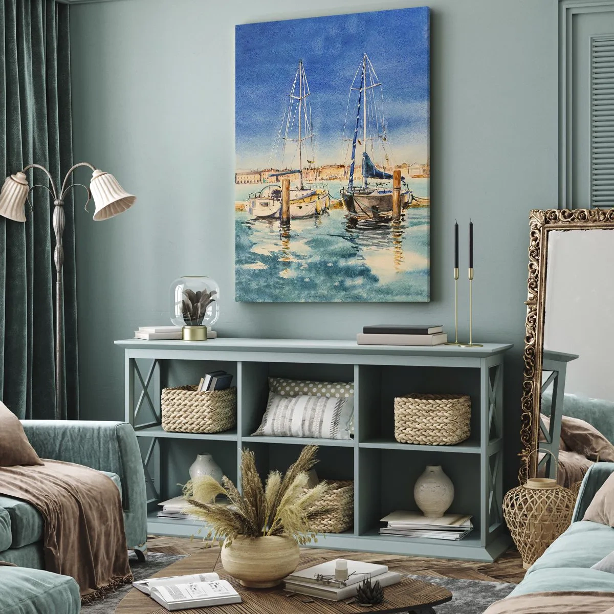 Cuadro sobre lienzo - Impresión de Imagen - Puerto deportivo con barcos con el fondo de una laguna azul - 50x70cm - Laguna soleada - Decoración de pared moderna para salón y dormitorio ARTTOR