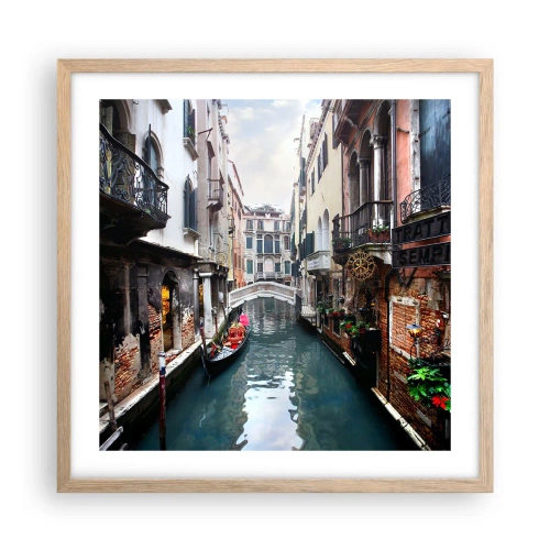 Póster en marco roble claro - Paisaje veneciano con góndola y puente - 50x50 cm