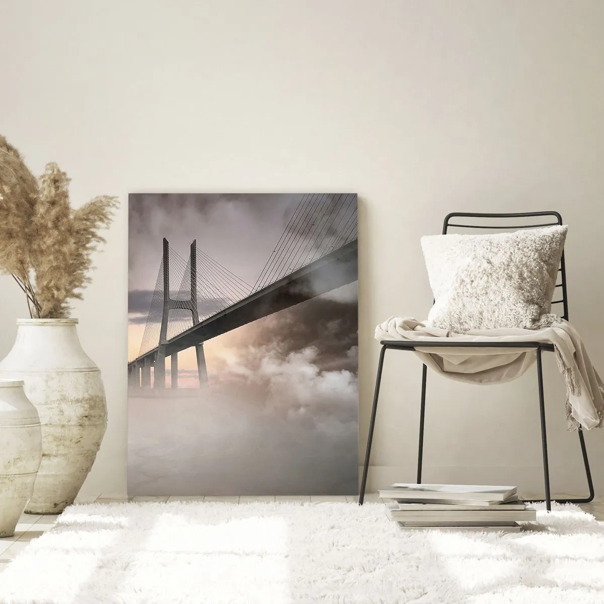 Cuadro sobre vidrio - Impresiones sobre Vidrio - Un puente sobre un río rodeado de niebla por la mañana. - 70x100cm - Junto al río que no existe - Decoración de pared moderna para salón y dormitorio ARTTOR