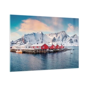 Cuadro sobre vidrio - Impresiones sobre Vidrio - Cabañas de pescadores rojas en el fiordo con montañas al fondo - 100x70cm - Un retiro en el norte - Decoración de pared moderna para salón y dormitorio ARTTOR