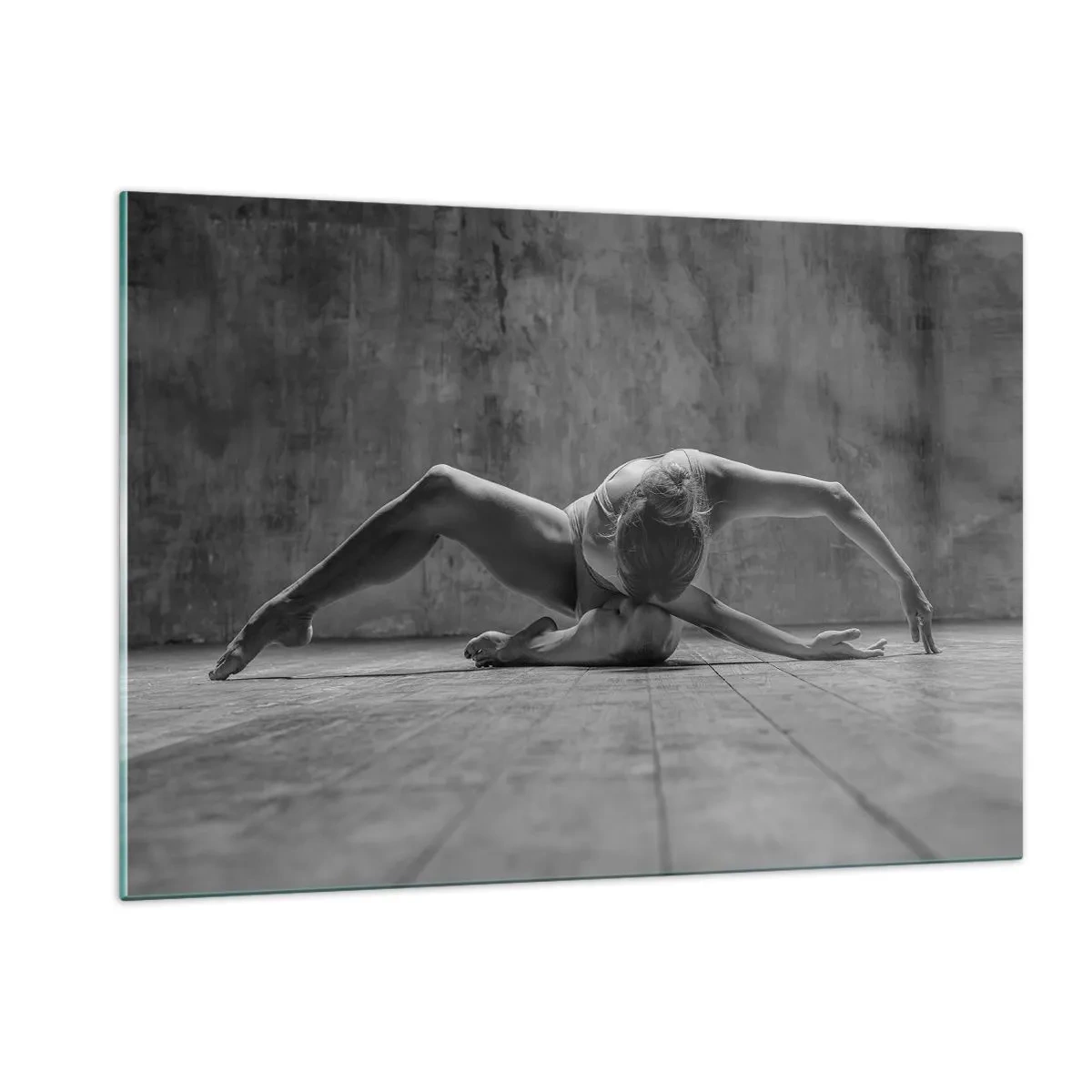 Cuadro sobre vidrio - Impresiones sobre Vidrio - Bailarina en pose en el suelo. - 120x80cm - Simetría encontrada - Decoración de pared moderna para salón y dormitorio ARTTOR