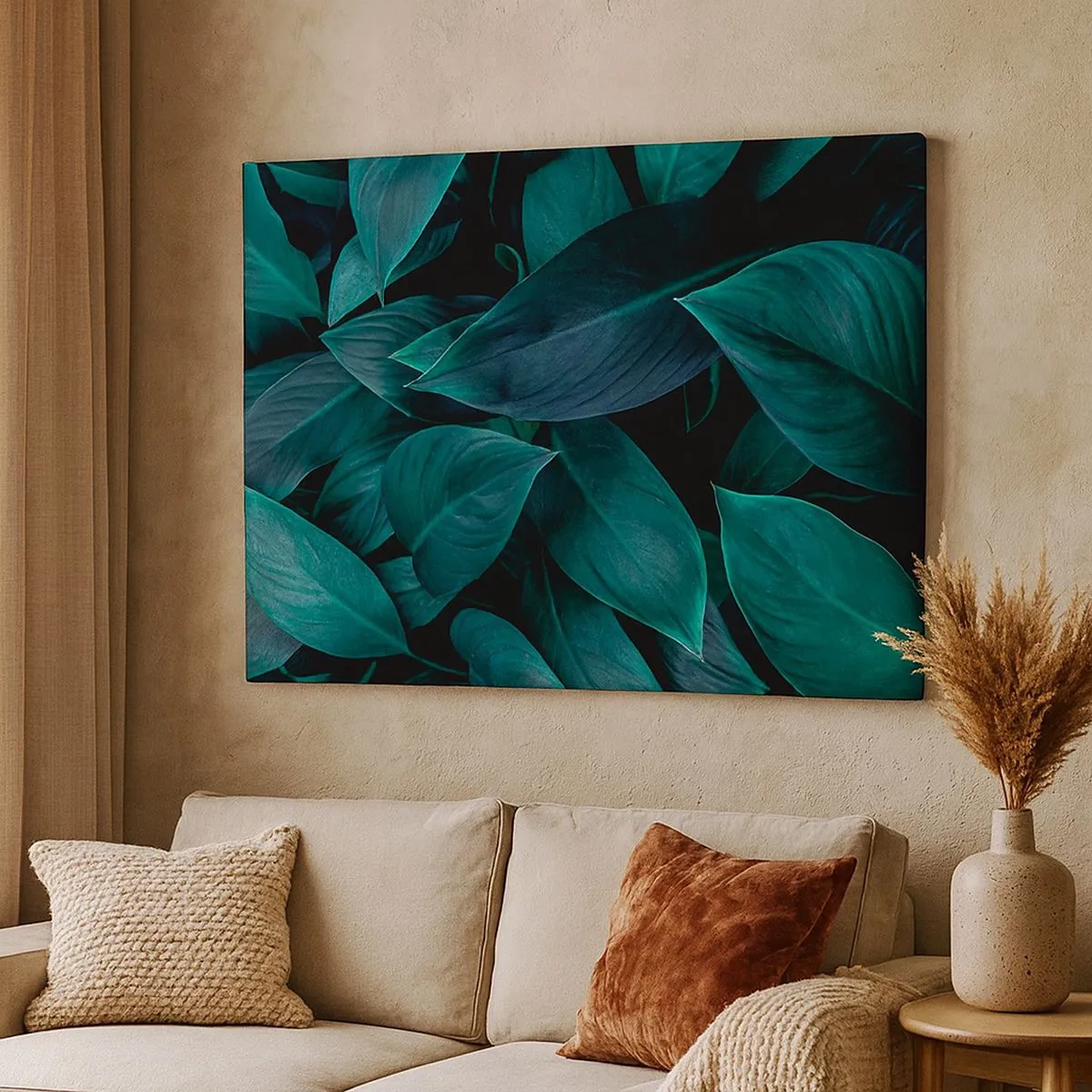 Cuadro sobre lienzo - Impresión de Imagen - Primer plano de hojas verdes con un fondo oscuro - 70x50cm - El propio verde - Decoración de pared moderna para salón y dormitorio ARTTOR